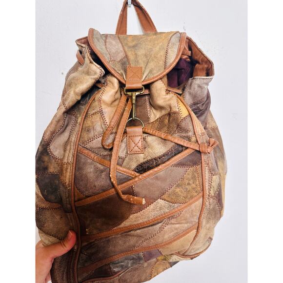 Vintage 1980s/90s Brown Leather Patchwork Clip Front Drawstring Backpack Bag - Picture 6 of 16